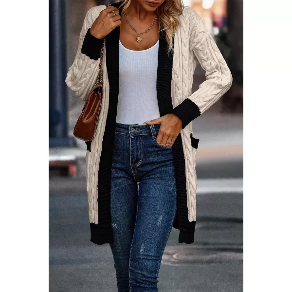 imagePRETTYGARDEN Womens 2023 Fall Cable Knit Cardigan Sweaters Casual Long Sleeve Open Front Loose Outerwear CoatsBeige