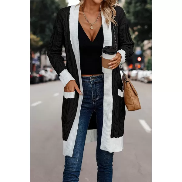 imagePRETTYGARDEN Womens 2023 Fall Cable Knit Cardigan Sweaters Casual Long Sleeve Open Front Loose Outerwear CoatsBlack