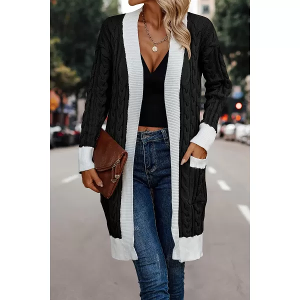 imagePRETTYGARDEN Womens 2023 Fall Cable Knit Cardigan Sweaters Casual Long Sleeve Open Front Loose Outerwear CoatsBlack