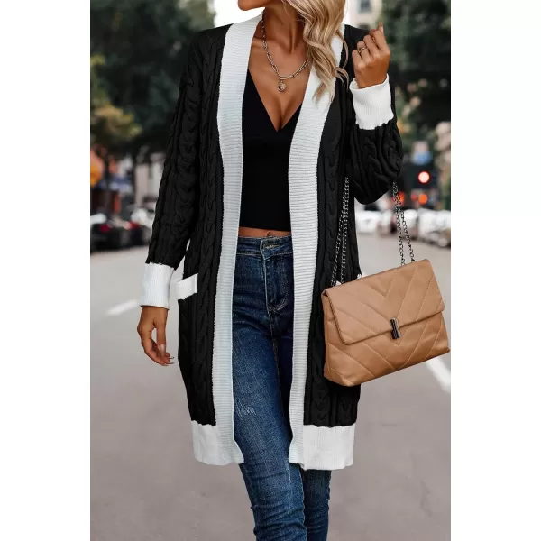 imagePRETTYGARDEN Womens 2023 Fall Cable Knit Cardigan Sweaters Casual Long Sleeve Open Front Loose Outerwear CoatsBlack
