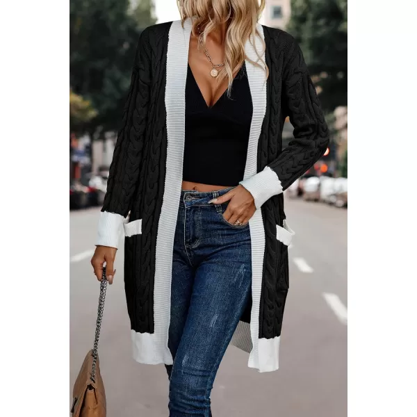 imagePRETTYGARDEN Womens 2023 Fall Cable Knit Cardigan Sweaters Casual Long Sleeve Open Front Loose Outerwear CoatsBlack