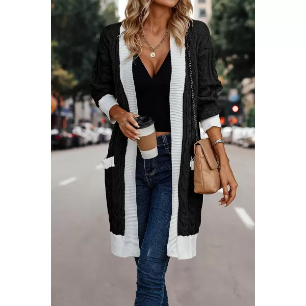 imagePRETTYGARDEN Womens 2023 Fall Cable Knit Cardigan Sweaters Casual Long Sleeve Open Front Loose Outerwear CoatsBlack