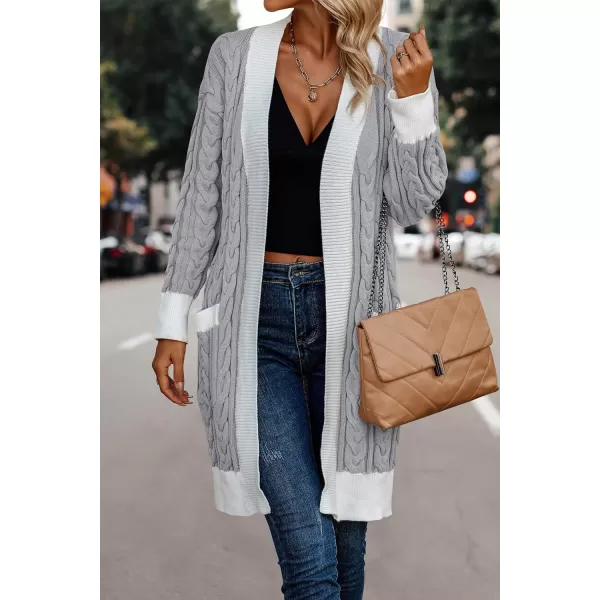 imagePRETTYGARDEN Womens 2023 Fall Cable Knit Cardigan Sweaters Casual Long Sleeve Open Front Loose Outerwear CoatsGrey