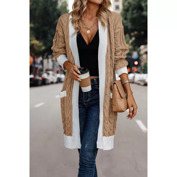 imagePRETTYGARDEN Womens 2023 Fall Cable Knit Cardigan Sweaters Casual Long Sleeve Open Front Loose Outerwear CoatsLight Brown
