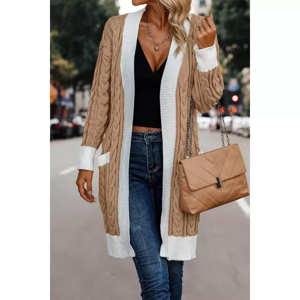 imagePRETTYGARDEN Womens 2023 Fall Cable Knit Cardigan Sweaters Casual Long Sleeve Open Front Loose Outerwear CoatsLight Brown