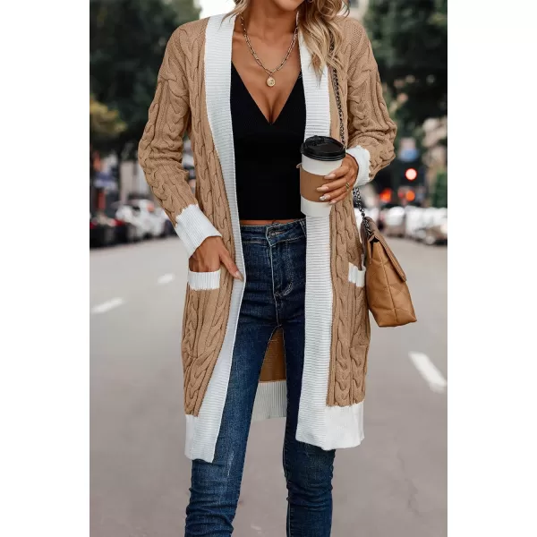 imagePRETTYGARDEN Womens 2023 Fall Cable Knit Cardigan Sweaters Casual Long Sleeve Open Front Loose Outerwear CoatsLight Brown