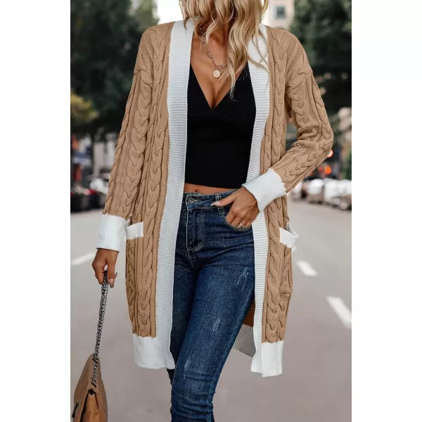 imagePRETTYGARDEN Womens 2023 Fall Cable Knit Cardigan Sweaters Casual Long Sleeve Open Front Loose Outerwear CoatsLight Brown