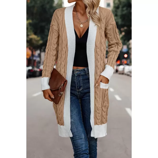 imagePRETTYGARDEN Womens 2023 Fall Cable Knit Cardigan Sweaters Casual Long Sleeve Open Front Loose Outerwear CoatsLight Brown