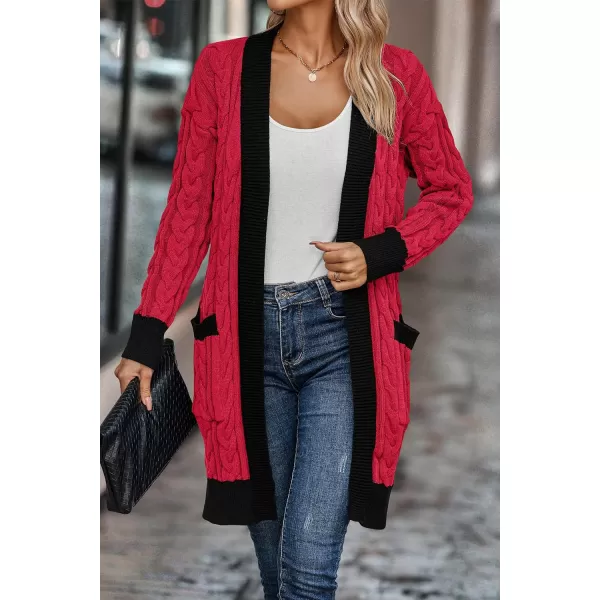 imagePRETTYGARDEN Womens 2023 Fall Cable Knit Cardigan Sweaters Casual Long Sleeve Open Front Loose Outerwear CoatsRed