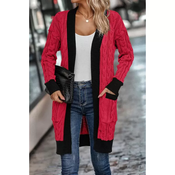 imagePRETTYGARDEN Womens 2023 Fall Cable Knit Cardigan Sweaters Casual Long Sleeve Open Front Loose Outerwear CoatsRed