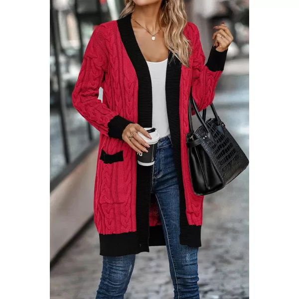 imagePRETTYGARDEN Womens 2023 Fall Cable Knit Cardigan Sweaters Casual Long Sleeve Open Front Loose Outerwear CoatsRed