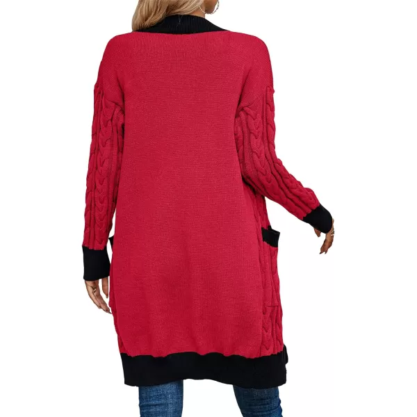 imagePRETTYGARDEN Womens 2023 Fall Cable Knit Cardigan Sweaters Casual Long Sleeve Open Front Loose Outerwear CoatsRed