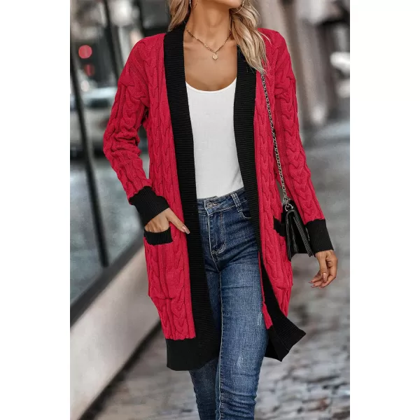 imagePRETTYGARDEN Womens 2023 Fall Cable Knit Cardigan Sweaters Casual Long Sleeve Open Front Loose Outerwear CoatsRed