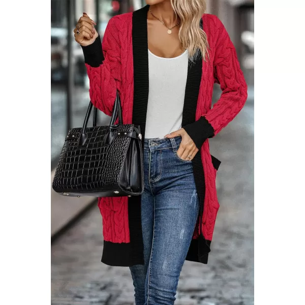 imagePRETTYGARDEN Womens 2023 Fall Cable Knit Cardigan Sweaters Casual Long Sleeve Open Front Loose Outerwear CoatsRed