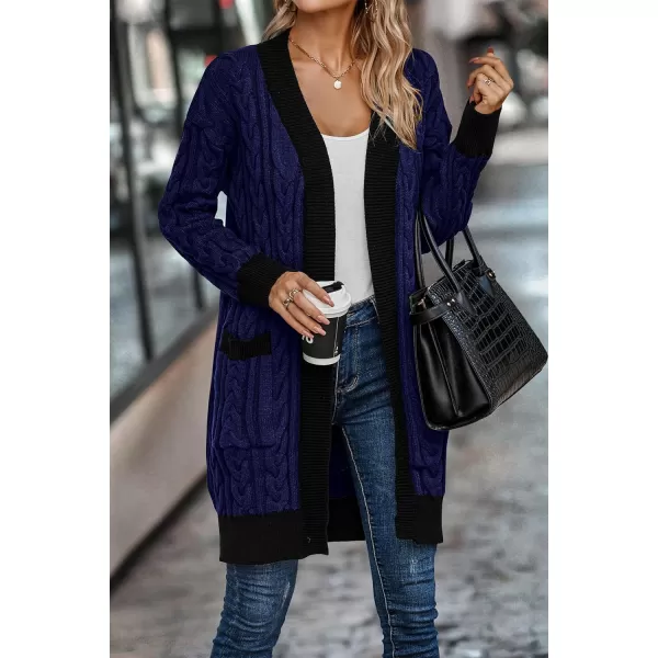 imagePRETTYGARDEN Womens 2023 Fall Cable Knit Cardigan Sweaters Casual Long Sleeve Open Front Loose Outerwear CoatsRoyal Blue