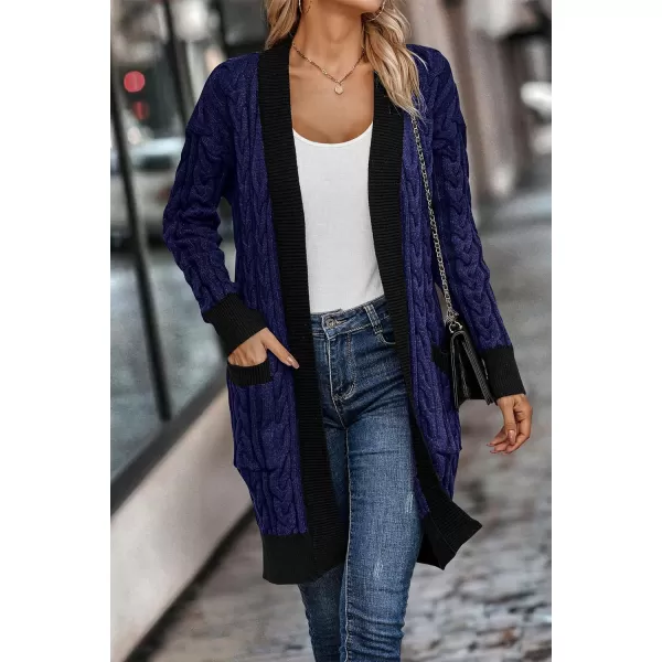 imagePRETTYGARDEN Womens 2023 Fall Cable Knit Cardigan Sweaters Casual Long Sleeve Open Front Loose Outerwear CoatsRoyal Blue