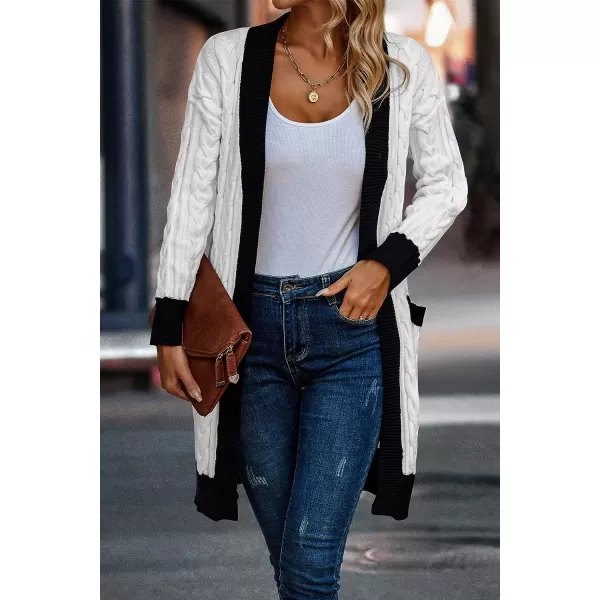 imagePRETTYGARDEN Womens 2023 Fall Cable Knit Cardigan Sweaters Casual Long Sleeve Open Front Loose Outerwear CoatsWhite