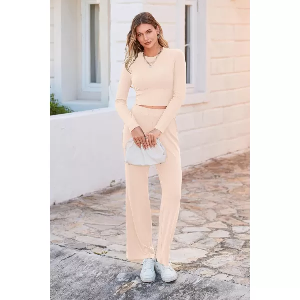 imagePRETTYGARDEN Womens 2023 Fall Casual 2 Piece Outfits Rib Knit Crop Tops And Long Pants Lounge Sets TracksuitsApricot