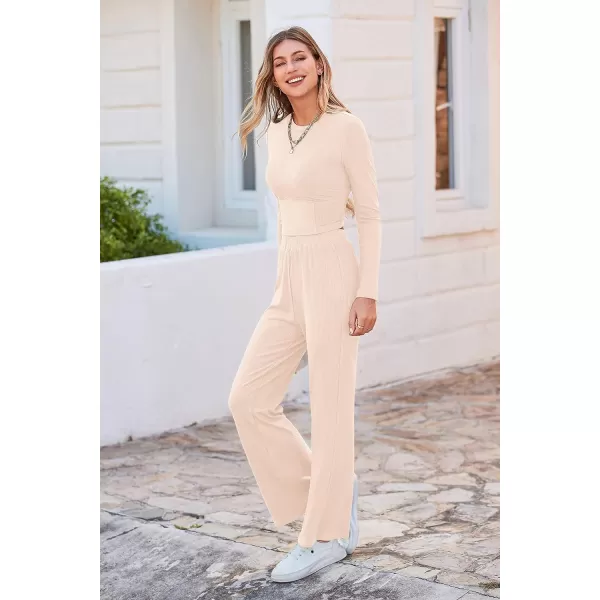 imagePRETTYGARDEN Womens 2023 Fall Casual 2 Piece Outfits Rib Knit Crop Tops And Long Pants Lounge Sets TracksuitsApricot