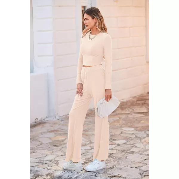 imagePRETTYGARDEN Womens 2023 Fall Casual 2 Piece Outfits Rib Knit Crop Tops And Long Pants Lounge Sets TracksuitsApricot