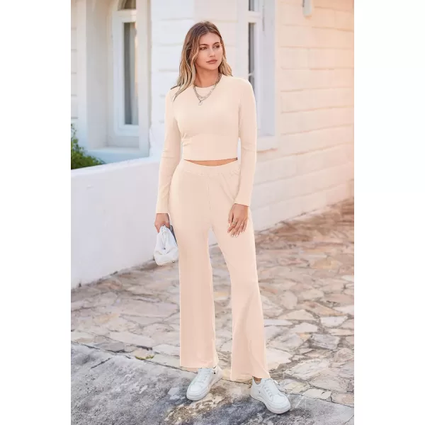 imagePRETTYGARDEN Womens 2023 Fall Casual 2 Piece Outfits Rib Knit Crop Tops And Long Pants Lounge Sets TracksuitsApricot