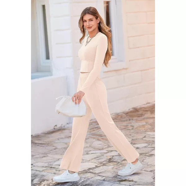 imagePRETTYGARDEN Womens 2023 Fall Casual 2 Piece Outfits Rib Knit Crop Tops And Long Pants Lounge Sets TracksuitsApricot