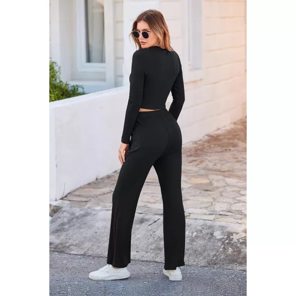 imagePRETTYGARDEN Womens 2023 Fall Casual 2 Piece Outfits Rib Knit Crop Tops And Long Pants Lounge Sets TracksuitsBlack