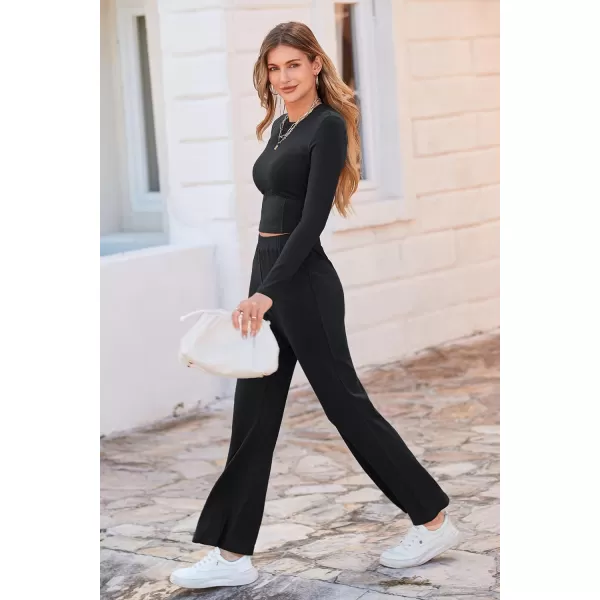 imagePRETTYGARDEN Womens 2023 Fall Casual 2 Piece Outfits Rib Knit Crop Tops And Long Pants Lounge Sets TracksuitsBlack