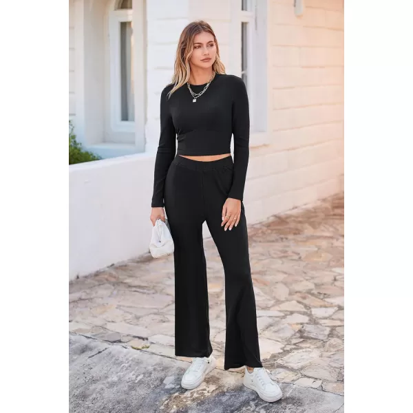 imagePRETTYGARDEN Womens 2023 Fall Casual 2 Piece Outfits Rib Knit Crop Tops And Long Pants Lounge Sets TracksuitsBlack