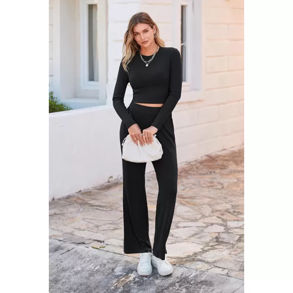 imagePRETTYGARDEN Womens 2023 Fall Casual 2 Piece Outfits Rib Knit Crop Tops And Long Pants Lounge Sets TracksuitsBlack