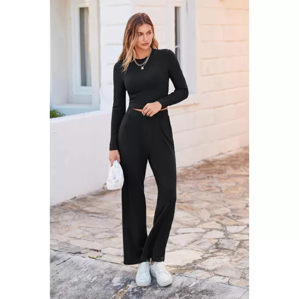 imagePRETTYGARDEN Womens 2023 Fall Casual 2 Piece Outfits Rib Knit Crop Tops And Long Pants Lounge Sets TracksuitsBlack
