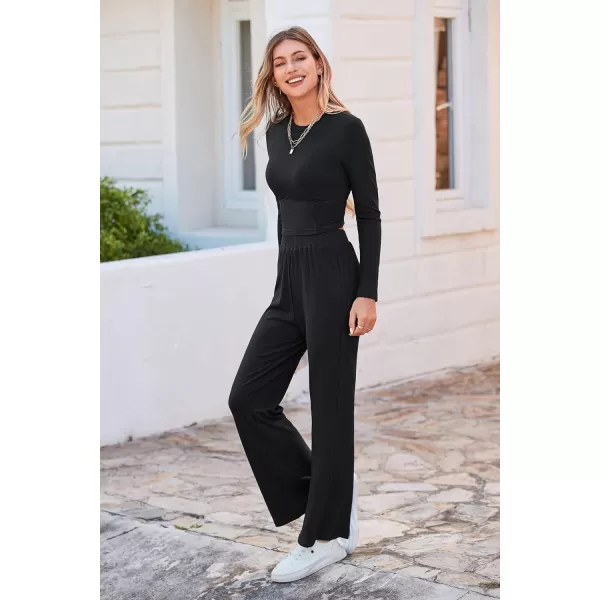 imagePRETTYGARDEN Womens 2023 Fall Casual 2 Piece Outfits Rib Knit Crop Tops And Long Pants Lounge Sets TracksuitsBlack