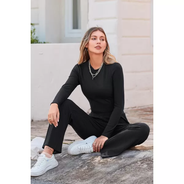 imagePRETTYGARDEN Womens 2023 Fall Casual 2 Piece Outfits Rib Knit Crop Tops And Long Pants Lounge Sets TracksuitsBlack