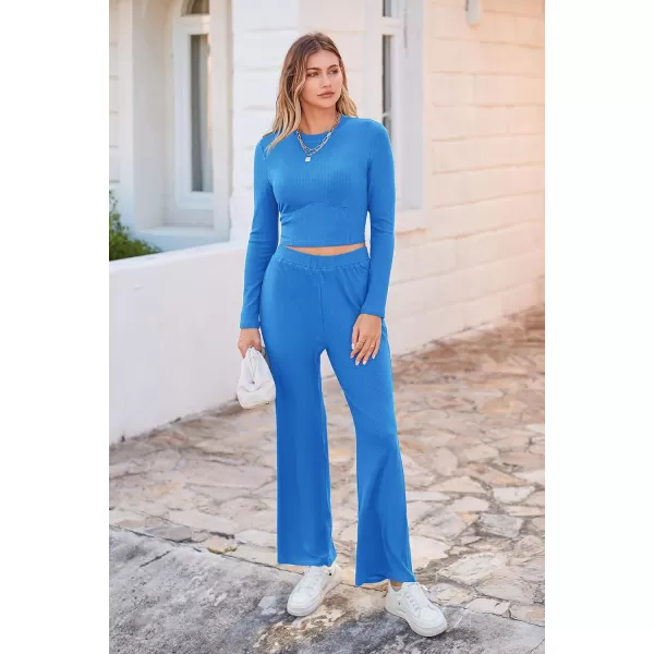 imagePRETTYGARDEN Womens 2023 Fall Casual 2 Piece Outfits Rib Knit Crop Tops And Long Pants Lounge Sets TracksuitsBlue