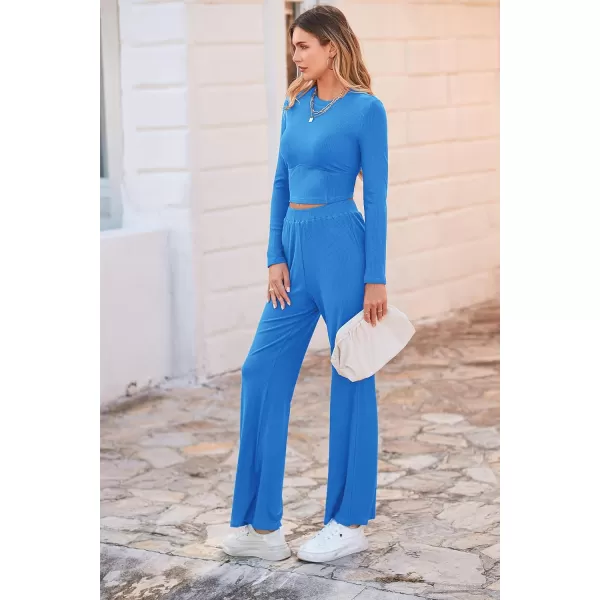 imagePRETTYGARDEN Womens 2023 Fall Casual 2 Piece Outfits Rib Knit Crop Tops And Long Pants Lounge Sets TracksuitsBlue