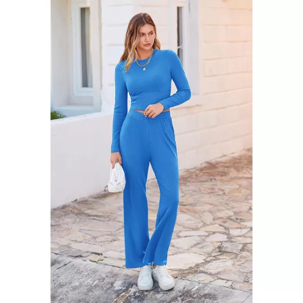 imagePRETTYGARDEN Womens 2023 Fall Casual 2 Piece Outfits Rib Knit Crop Tops And Long Pants Lounge Sets TracksuitsBlue