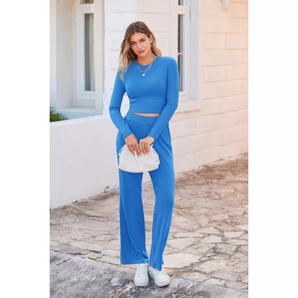 imagePRETTYGARDEN Womens 2023 Fall Casual 2 Piece Outfits Rib Knit Crop Tops And Long Pants Lounge Sets TracksuitsBlue