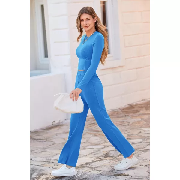 imagePRETTYGARDEN Womens 2023 Fall Casual 2 Piece Outfits Rib Knit Crop Tops And Long Pants Lounge Sets TracksuitsBlue
