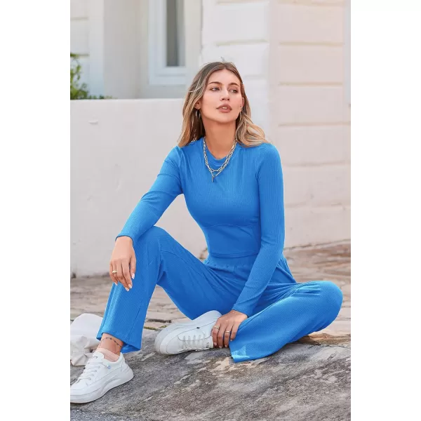 imagePRETTYGARDEN Womens 2023 Fall Casual 2 Piece Outfits Rib Knit Crop Tops And Long Pants Lounge Sets TracksuitsBlue