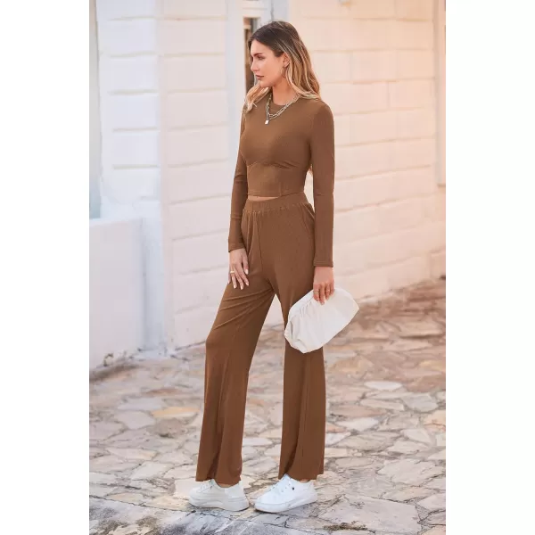 imagePRETTYGARDEN Womens 2023 Fall Casual 2 Piece Outfits Rib Knit Crop Tops And Long Pants Lounge Sets TracksuitsBrown