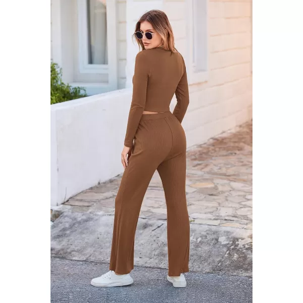 imagePRETTYGARDEN Womens 2023 Fall Casual 2 Piece Outfits Rib Knit Crop Tops And Long Pants Lounge Sets TracksuitsBrown