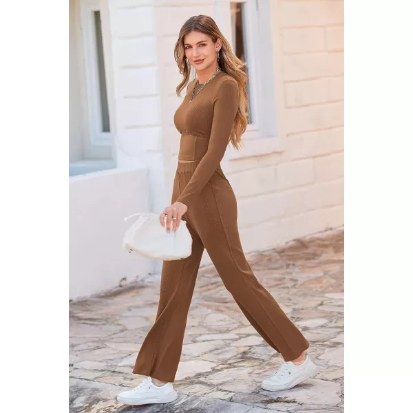 imagePRETTYGARDEN Womens 2023 Fall Casual 2 Piece Outfits Rib Knit Crop Tops And Long Pants Lounge Sets TracksuitsBrown