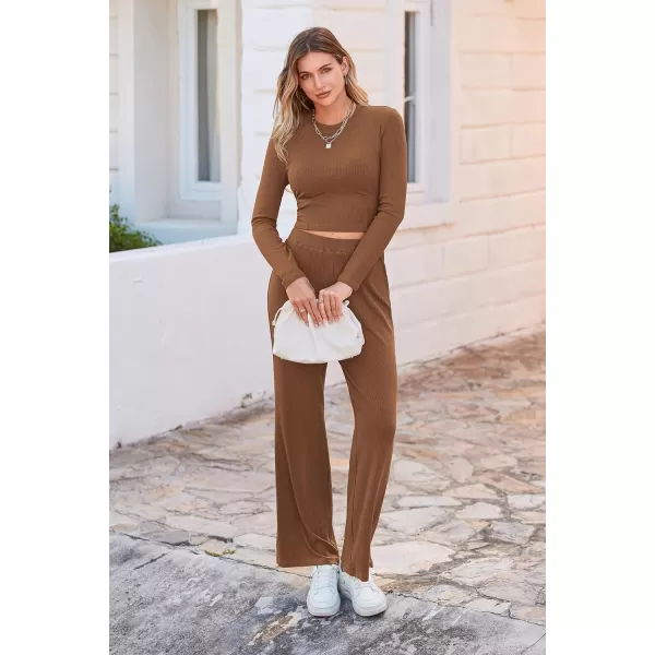 imagePRETTYGARDEN Womens 2023 Fall Casual 2 Piece Outfits Rib Knit Crop Tops And Long Pants Lounge Sets TracksuitsBrown