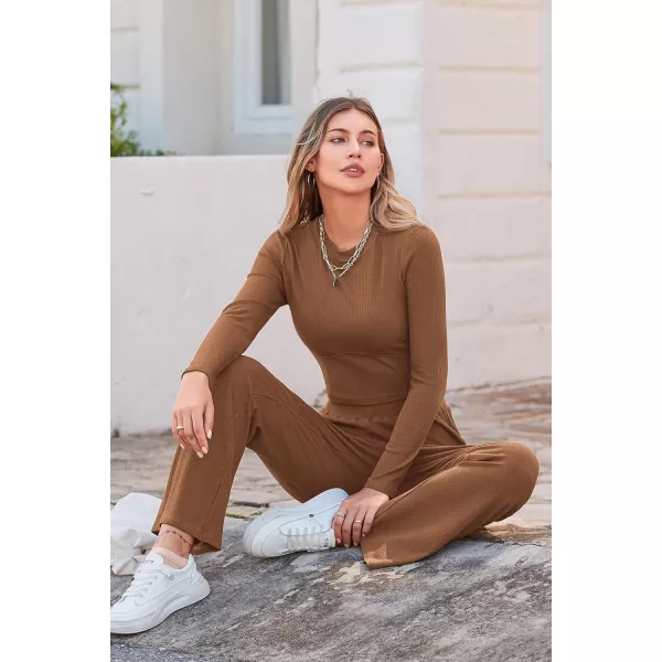 imagePRETTYGARDEN Womens 2023 Fall Casual 2 Piece Outfits Rib Knit Crop Tops And Long Pants Lounge Sets TracksuitsBrown
