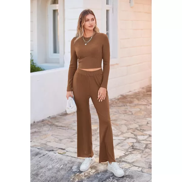 imagePRETTYGARDEN Womens 2023 Fall Casual 2 Piece Outfits Rib Knit Crop Tops And Long Pants Lounge Sets TracksuitsBrown