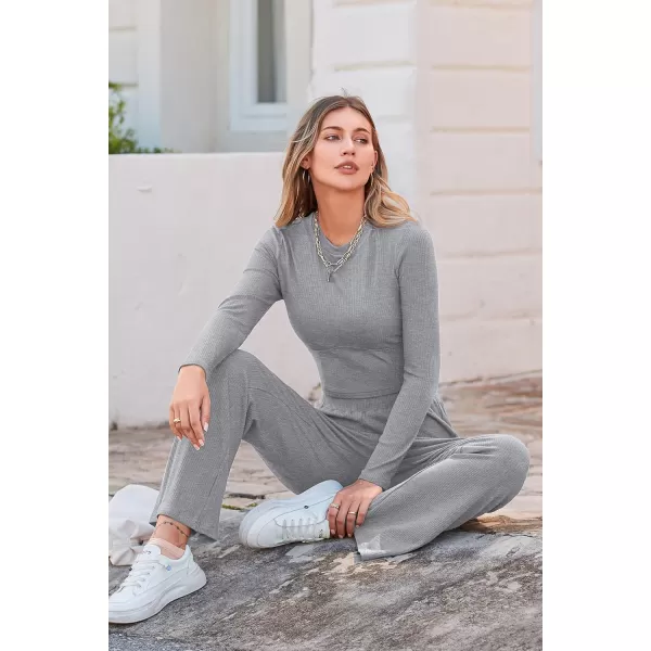 imagePRETTYGARDEN Womens 2023 Fall Casual 2 Piece Outfits Rib Knit Crop Tops And Long Pants Lounge Sets TracksuitsGrey