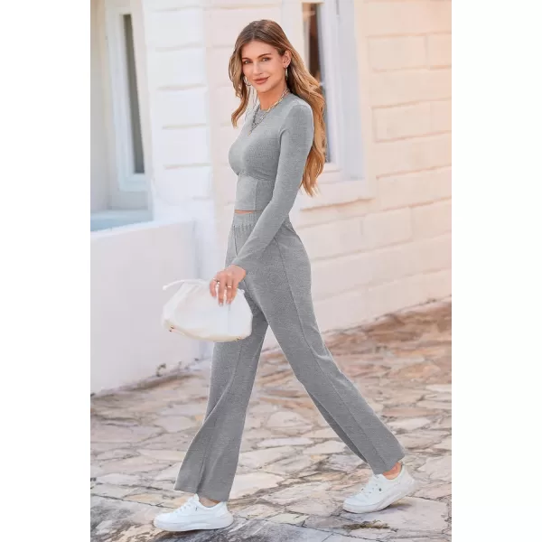 imagePRETTYGARDEN Womens 2023 Fall Casual 2 Piece Outfits Rib Knit Crop Tops And Long Pants Lounge Sets TracksuitsGrey