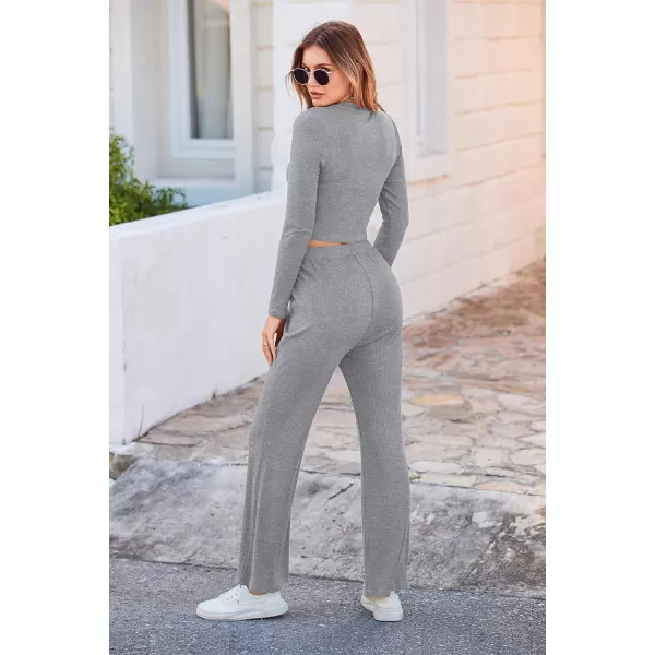 imagePRETTYGARDEN Womens 2023 Fall Casual 2 Piece Outfits Rib Knit Crop Tops And Long Pants Lounge Sets TracksuitsGrey