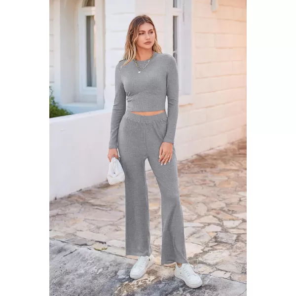 imagePRETTYGARDEN Womens 2023 Fall Casual 2 Piece Outfits Rib Knit Crop Tops And Long Pants Lounge Sets TracksuitsGrey