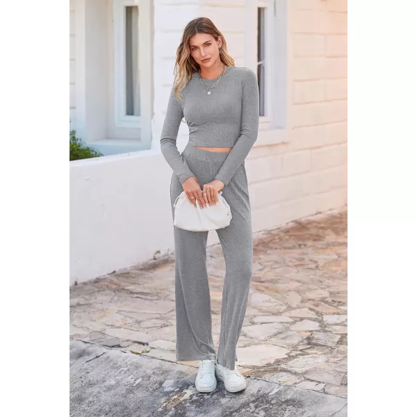 imagePRETTYGARDEN Womens 2023 Fall Casual 2 Piece Outfits Rib Knit Crop Tops And Long Pants Lounge Sets TracksuitsGrey